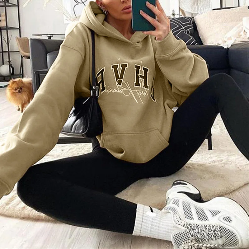 

Letters Print Oversize Hoodies Pullovers For Women 2021 Autumn Winter Fleece Long Sleeve Sweatshirt Female Casual Vintage Tops