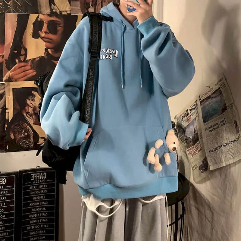 

Autumn Winter Harajuku Streetwear Unisex Hoodies With Lucky Bear Long Sleeve Hooded Pullovers Men's Sweatshirt Women Clothing
