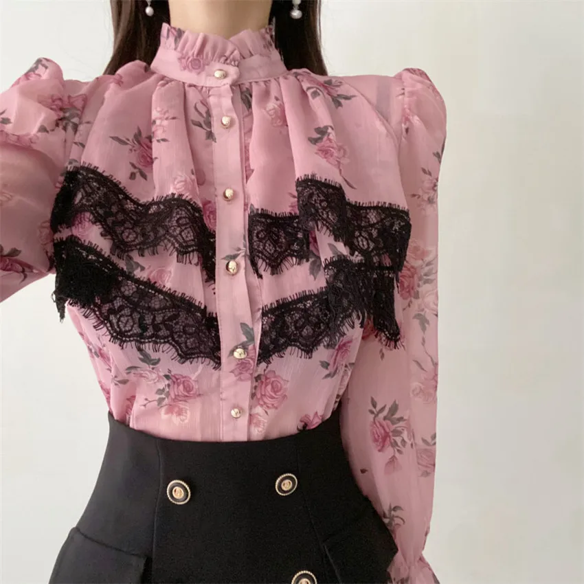 

Korean Floral Print Ruffle Chiffon Blouse Tops Pull Sleeve Casual Shirt Women Sweet Cute Elegant Shirts Blusa Mujer 2022
