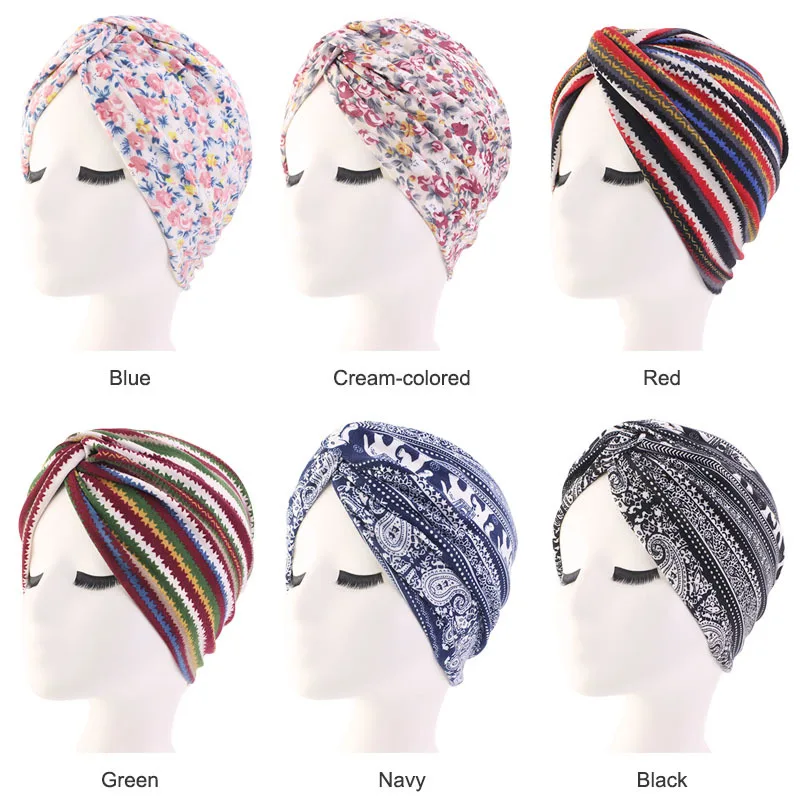 

Ethnic Style Stretch Cotton Cross Twist Cap Double Layer Tam-O'-Shanter Chemotherapy Hat TJM-211 Wholesale