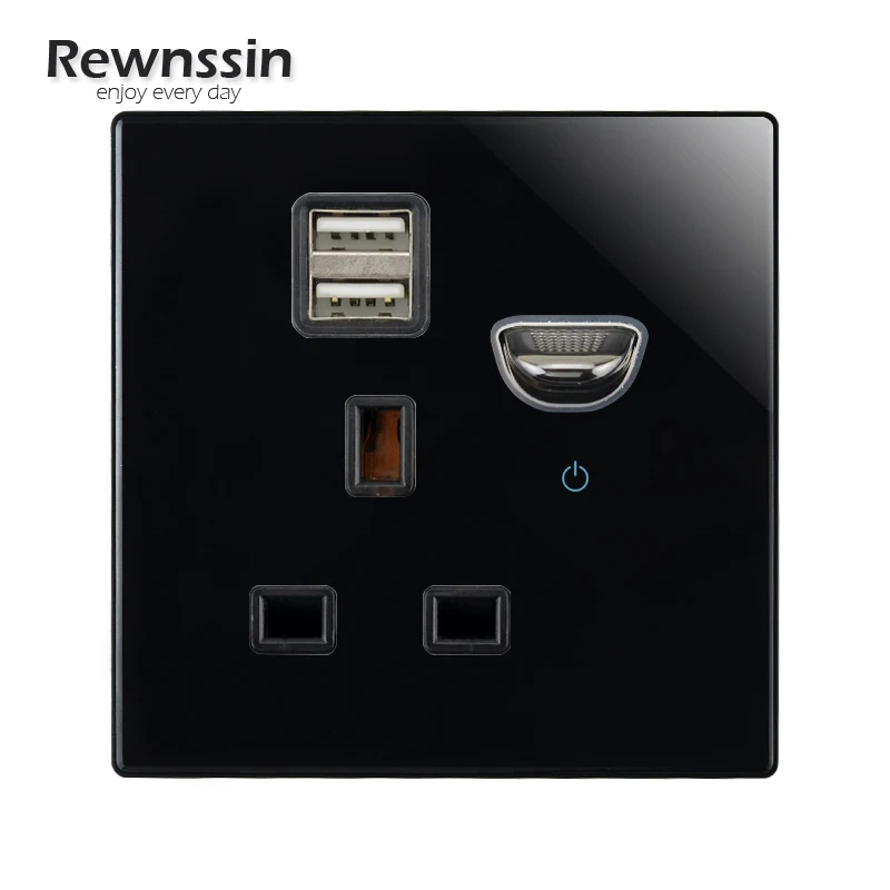 Черная Стеклянная настенная розетка в английском стиле с кнопкой сброса