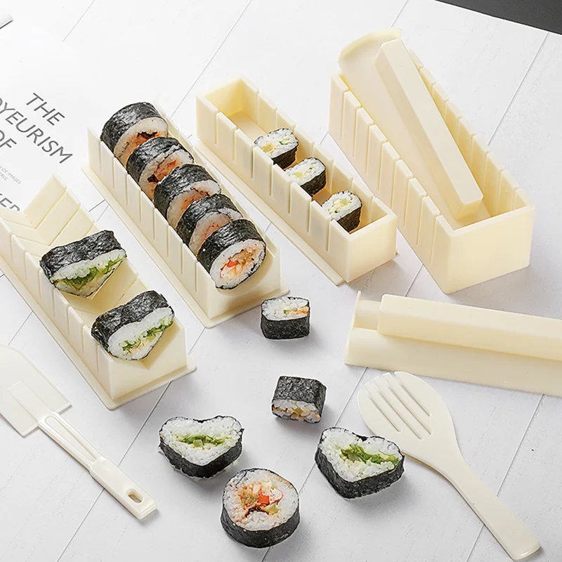 

10Pcs/Set Sushi Maker Equipment Kit Japanese Rice Ball Cake Roll Mold Sushi Multifunctional Mould Making Sushi Tools