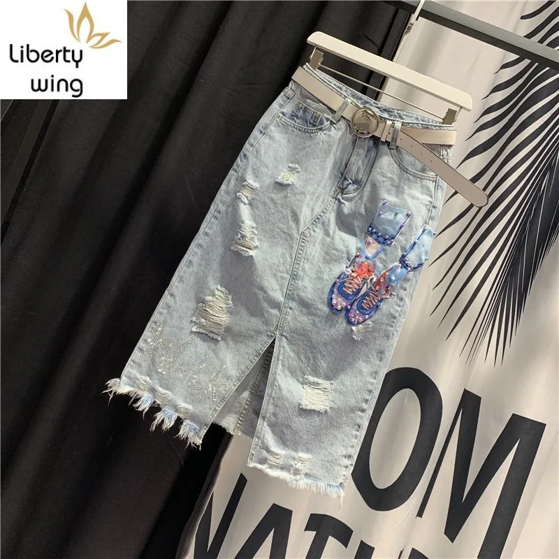 Женские джинсовые трапециевидные юбки с высокой талией и вышивкой украшенные