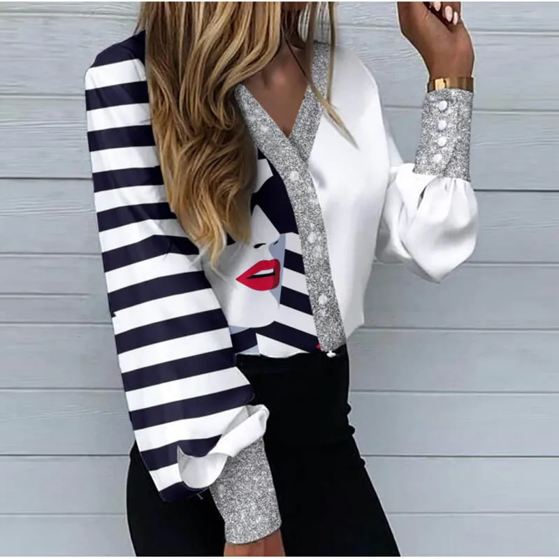 

Retro Turn Down Collar Patchwork Shirt Women Elegant Pattern Print Office Blosue Shirts Spring Autumn Fashion Long Sleeve Blusas
