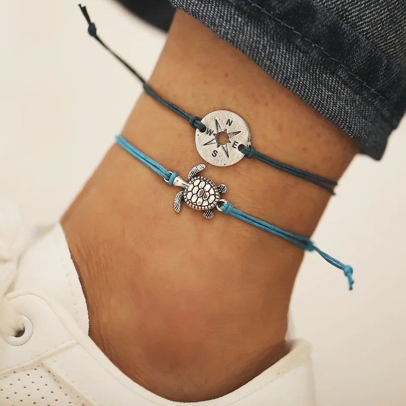 

Simple Rope Adjustable Anklets Summer Beach Hollow Compass Tortoise Foot Chain Anklet Bracelet for Women Bohemian Jewelry