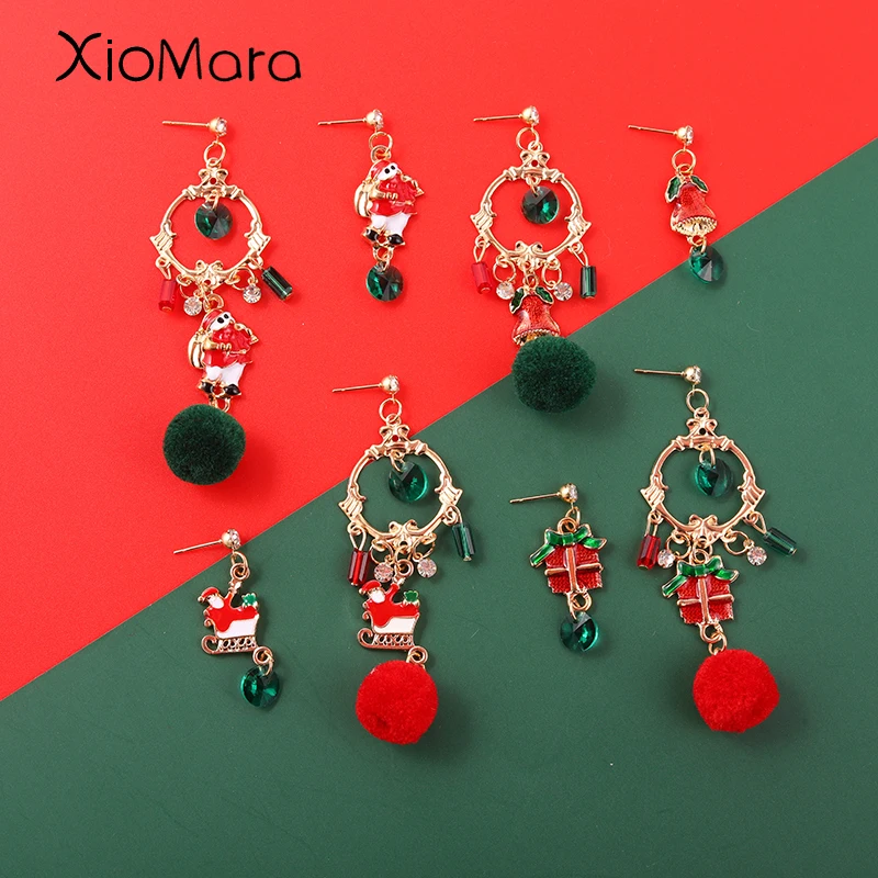 

Christmas Dangle Earrings For Women Christmas Elk/Santa Claus/Bells Asymmetry Hairballs Pendant Earrings Party Jewelry Gifts
