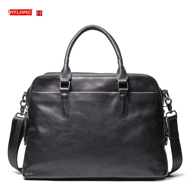 New Soft Black Leather Men Handbag Portable Laptop Briefcase Shoulder Messenger Bag Large Capacity Computer Bag A4 File Bag 14