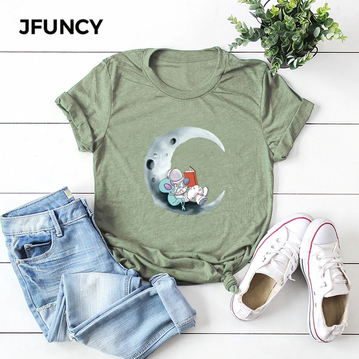 JFUNCY  Short Sleeve Woman Tshirts Funny Harajuku Print T Shirt Women Casual Loose T-shirt Summer Tees 100% Cotton Tops