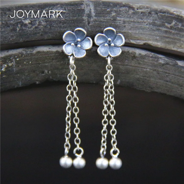 

JOYMARK 925 Sterling Silver Sakura Flower Long Tassel Dangle Earrings For Women Vintage Thai Silver Tassel Drop Earrings TSE476