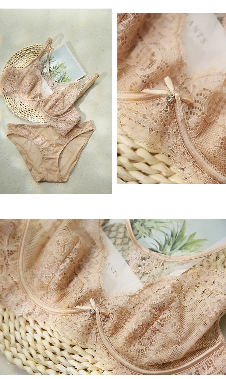 

Lace gathered tube top underwear panties set honeycomb cup comfortable breathable bra ultra-thin transparent mesh lingerie sets