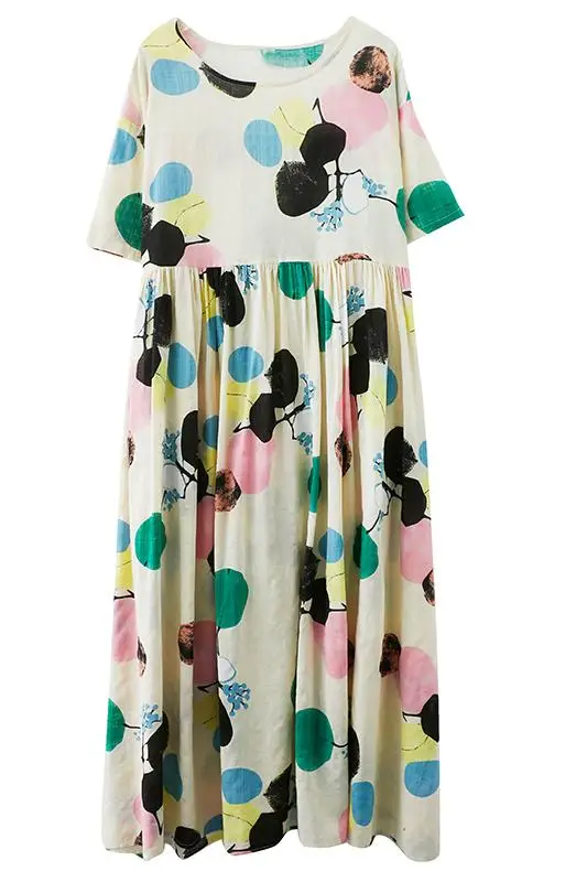 

2021 Cotton Linen Dress Summer Women Loose Casual Short Sleeve O-Neck Print Fashion Elegant Long Dresses Robe Large Size