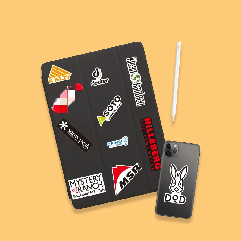 Pegatinas de acampada para exteriores, calcoman&iacute;as de marca para port&aacute;til, logotipo, vinilo impermeable, adecuada para maleta, Notebook, jarra, monopat&iacute;n estacionario-4