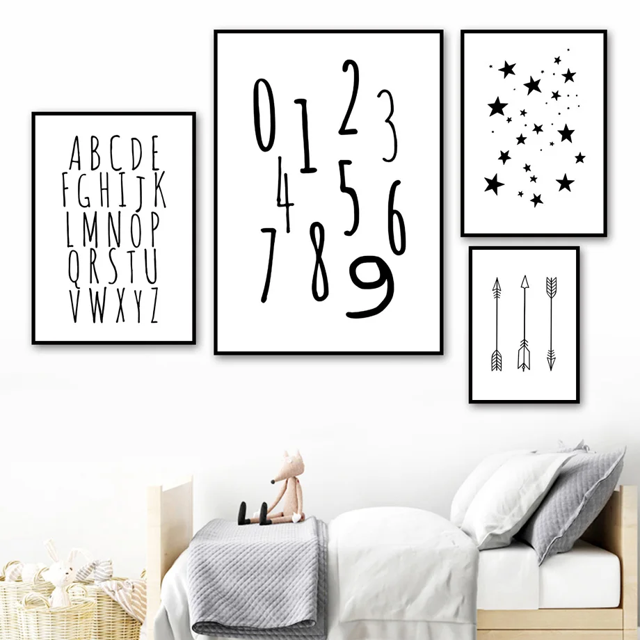 

Alphabet Numbers Arrow Black White Wall Art Canvas Painting Nordic Posters And Prints Wall Pictures Baby Kids Room Nursery Decor