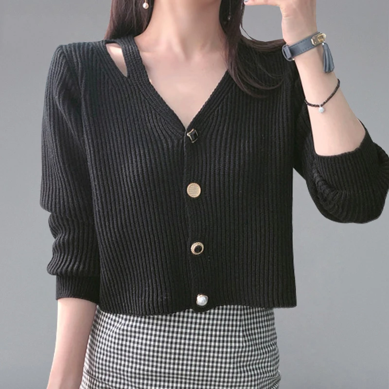 

Short Knitted Cardigan Buttons Sweater V-neck Jacket 2021 Summer Autumn Long Sleeve Coat Tops