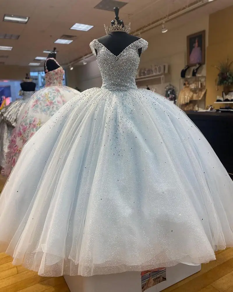 Блестящее небесно-Голубое Бальное Платье платья для Quinceanera Прозрачная Юбка с