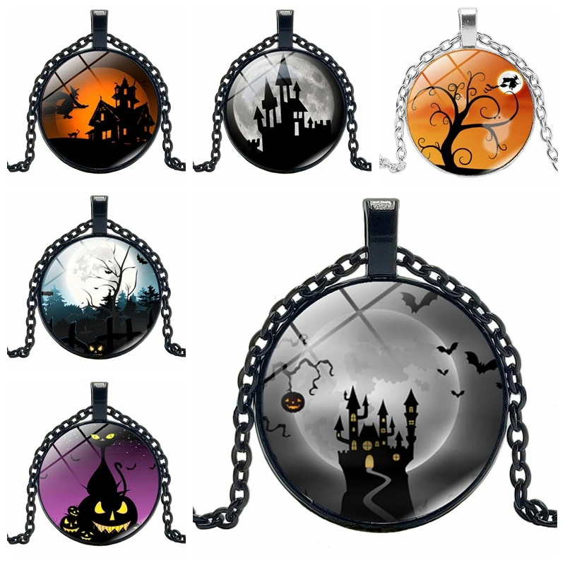 

New Jewelry Statement Necklace Halloween Witch Pattern Creative Time Glass Convex Round Pendant Necklace Children's Gift