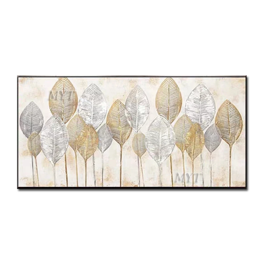

Interesting Leaves Have Gold And Silver 100% Handpainted Wall Art Home Decor Picture Modern Oil Painting High Quality On Canvas