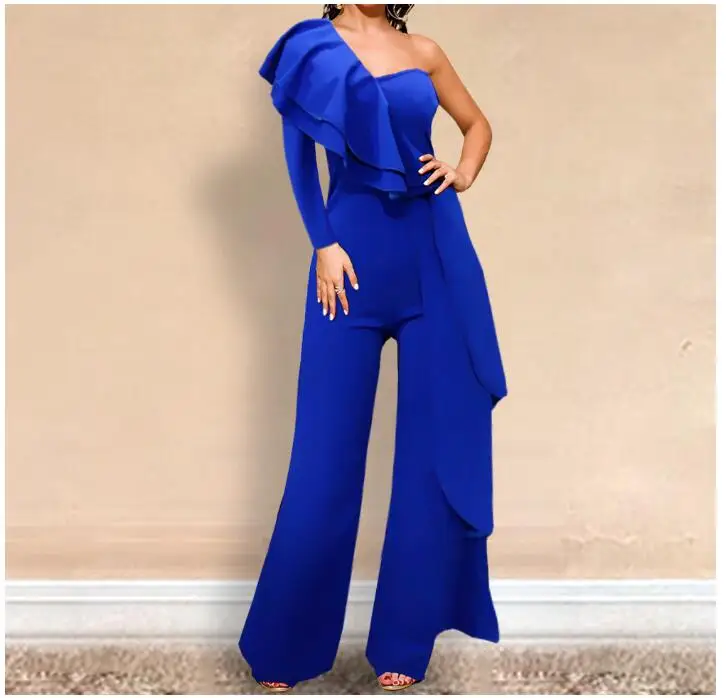 Summer Blue One Shoulder Women Jumpsuit Plus Size Romper For Women 2022 Ruffles Office Ladies Long Pants Body Feminino