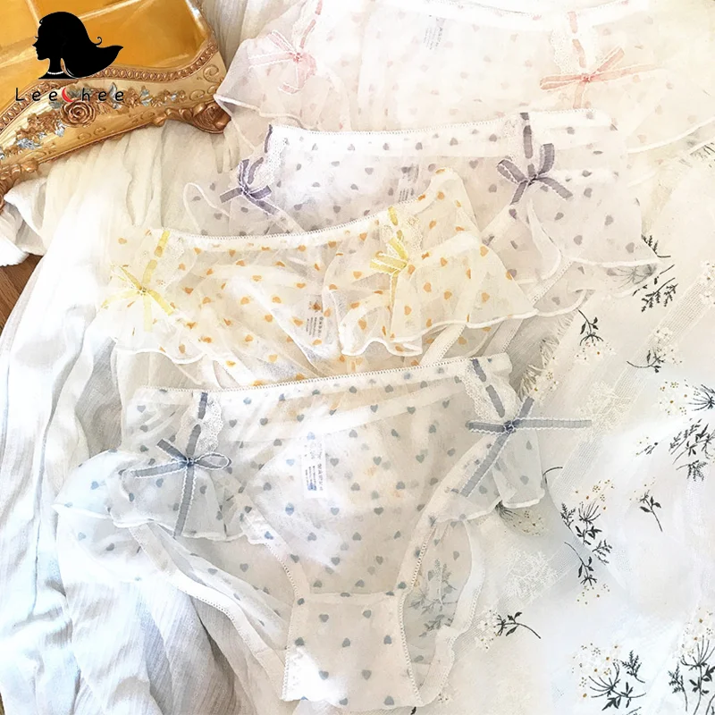 

Leechee Japanese Bow Net Yarn Panties Women Sweet Loveing Print Briefs Girly Sexy Soft Underwear Hollow Out Perspective Lingerie