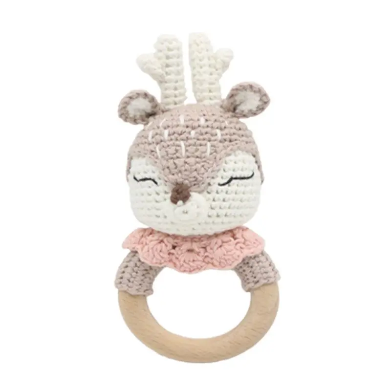 Anillo de madera de ganchillo para beb&eacute;, mordedor de Animal, sonajero para masticar, dentici&oacute;n, chupete de lactancia, accesorio de juguete infantil-5