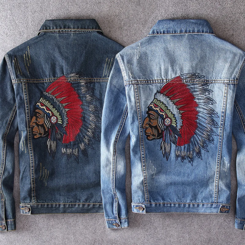 

Fashion Streetwear Men Jackets Retro Blue Indian Totem Embroidery Ripped Denim Jacket Men Coats Designer Hip Hop Chaqueta Hombre