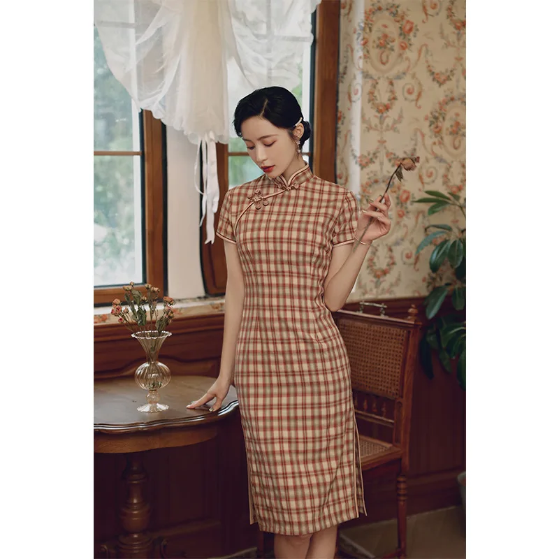 

Chinese Style Plaid Print Short Sleeve Qipao Spring Summer Women Mandarin Collar Vintage Slim Party Dress Vestidos