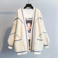 2021 spring new korean version of loose english letters fashion padded knitted long sweater cardigan coat women