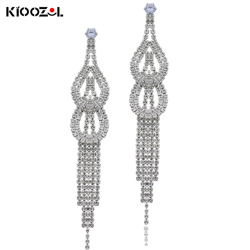 

KIOOZOL 2021 Long Tassel Earrings Silver Color Pendant With Rhinestones Bijoux Femme Wedding Party Accessories Gift 020 KO2
