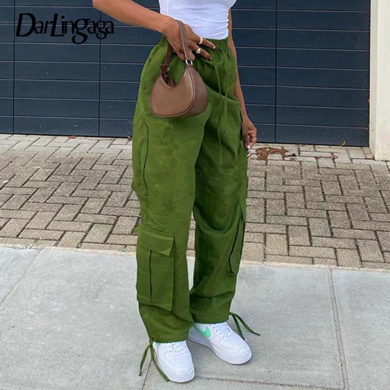 

Darlingaga Streetwear Drawstring Green Cargo Pants Women Big Pockets Casual Loose Autumn Sweatpants Joggers Solid Baggy Trousers
