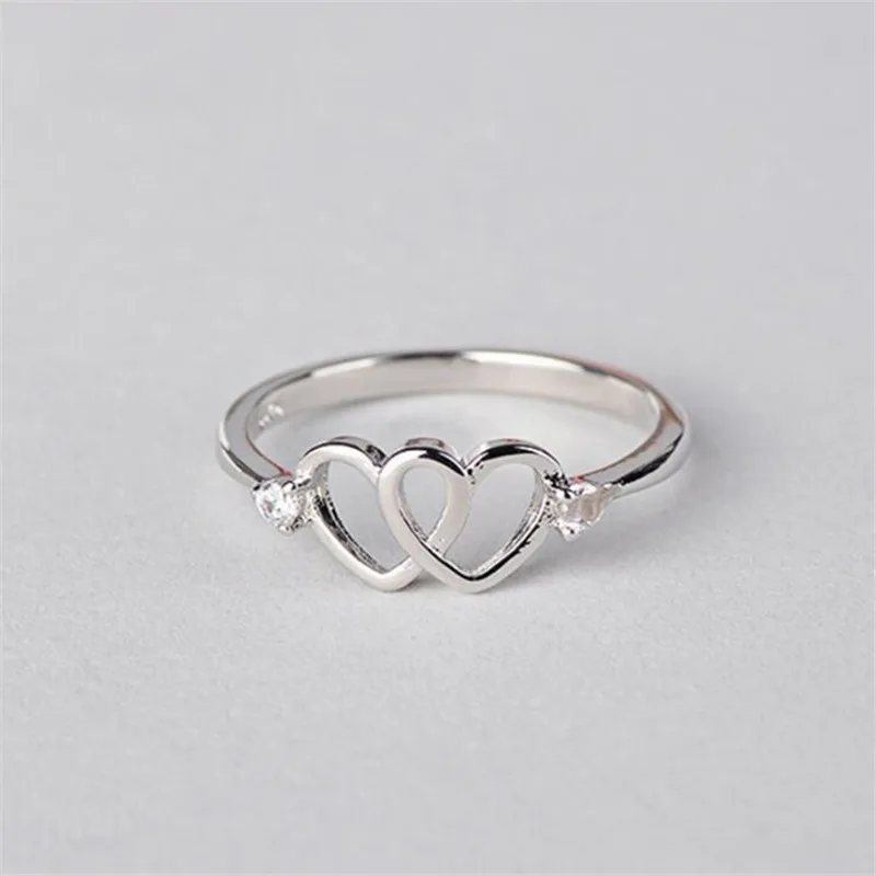 

New Style Small Fresh Women Design Creative Double Love Heart Hollow Silver Plated Ring Jewelry Charm Women Wedding Best Gift