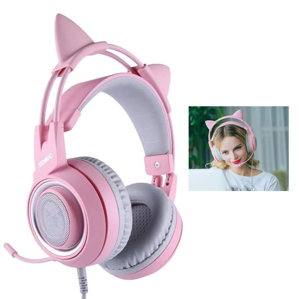 Verkaufen SOMIC Gaming Headset G951s G952 Katze Ohr Verdrahtete Kopfhörer Stereo Noise Cancelling Kopf Telefon LED USB Headsets Rosa