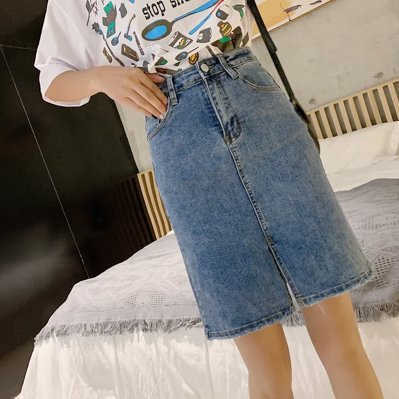 

Fashion Denim Skirt Solid High Waist A Line Medium Length Skirt 2021 Summer Female Vintage Slim Split Skirt