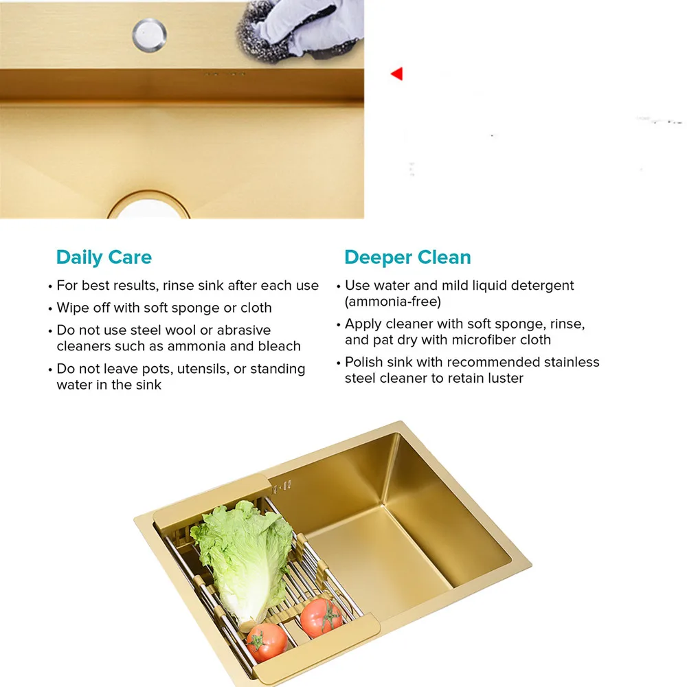 

Gold Wash Sink Gold Drain Faucet Kitchen Sink Thickened 304 Stainless Steel Nano Antibacterial Single Tank Gold Kitchen Hand