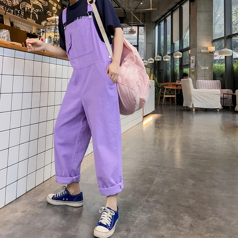 Комбинезоны для женщин с буквенным принтом фиолетовый Harajuku простой в Корейском стиле студенческие женские Комбинезоны свободные Kawaii повседневные до середины икры шик