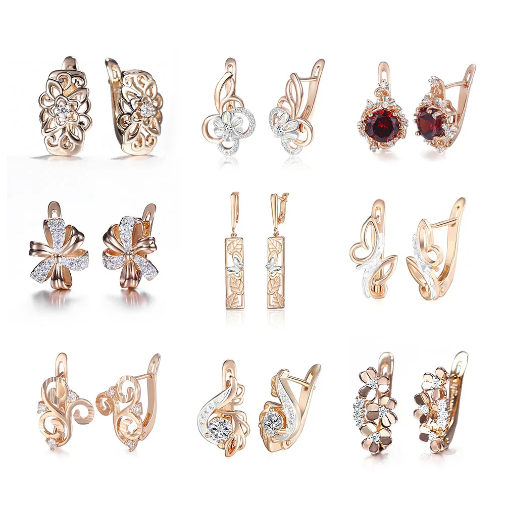 585 Rose Gold Clovers Stud Earrings For Women Girl Cubic Zircon Flower Hanging Dangle Trend Wedding Jewelry Gift GE300 | Украшения и