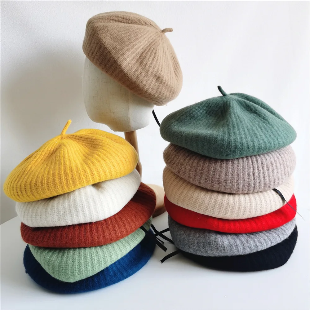 

Han Edition New Winter Wool Lovely Small Pure And Fresh And Pure Color Berets Children Joker Buds Painter Cap Newsboy Cap