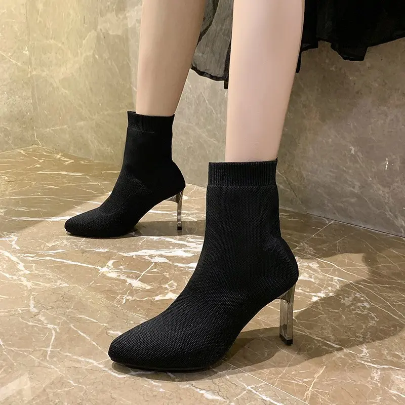 

2021 Women Sock Boots Pointed-toe Stretch Boots Ladies Pumps Fashion Weave Mid-calf-Booties 9 cm High Heels Sexy Female Heels