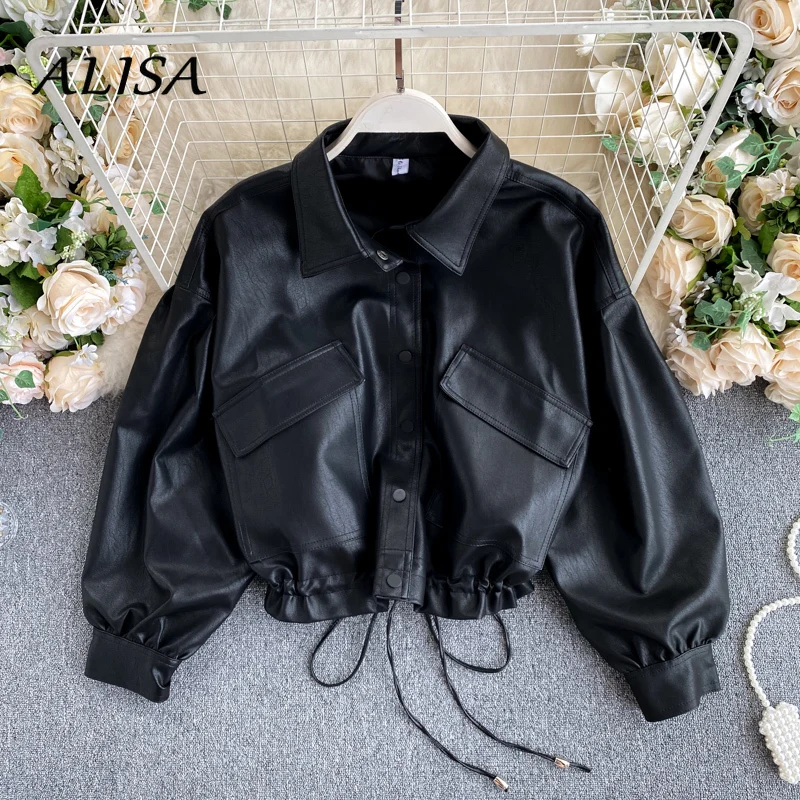 Woman Crop Leather Jacket Streetwear Single-breasted Slim Black Leather Coat Women Loose BF Outwear PU Jackets