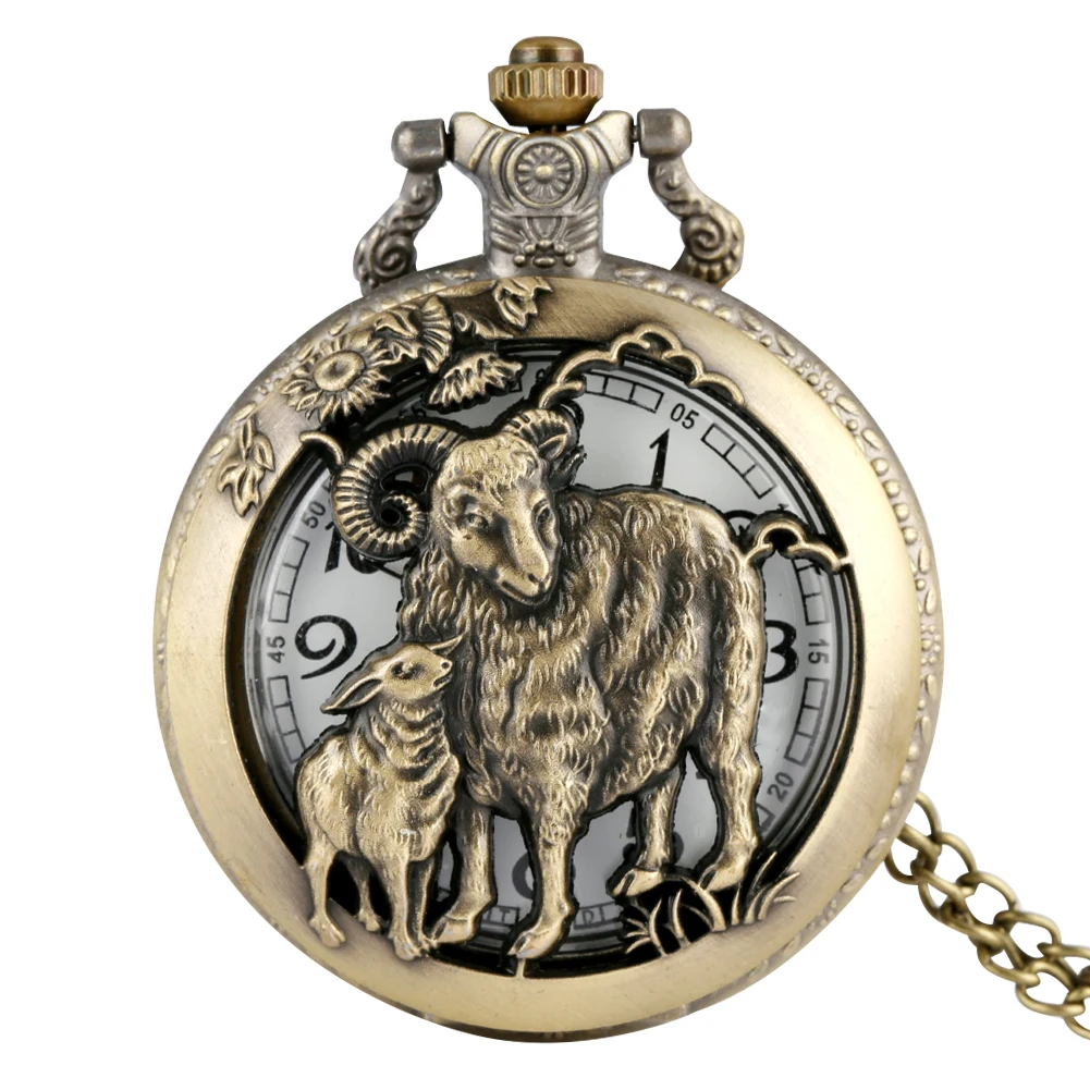 

Bronze Pocket Watch Chinese Zodiac Sheep Half Hunter Pendant Watches Necklace Chain Steampunk Fob Watch Clock Men Women's Gifts