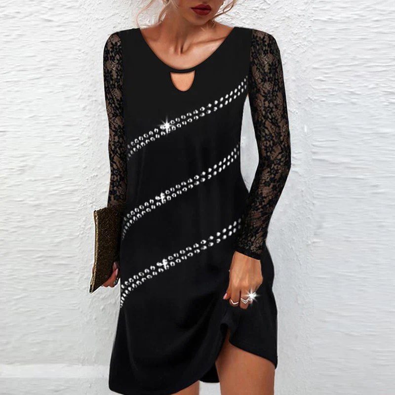 

Сексуальное Кружевное блестящее платье-трапеция с заклепками и круглым вырезом