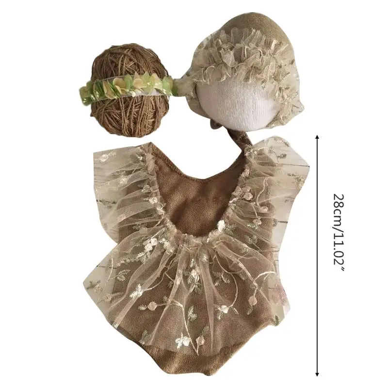 

J60B 4Pcs Newborn Photography Props Suit Lace Romper Hat Pillow Headband Set Knit Outfits Clothing Infants Shooting Photo Gifts
