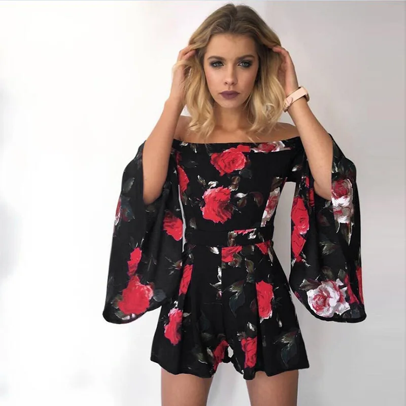 

Summer Flared Sleeve Off Shoulder Floral Print Jumpsuit Fashion Playsuits