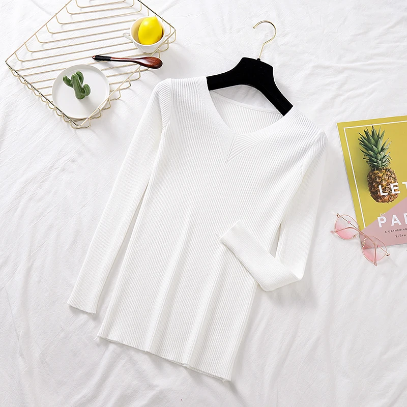 

Knitted Sweater Pullover Women V neck Long Sleeve Top All-match Skinny Elastic Thread Basic Shirt 2020 Winter Jumper Pull Femme