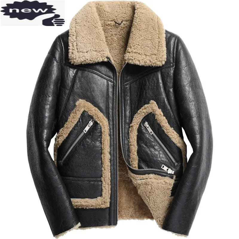 

Fashion Mens Pilot Genuine Leather Aviator 6XL Lamb Wool Winter Real Fur Lining Military Coat Slim Biker Shearling Jacket