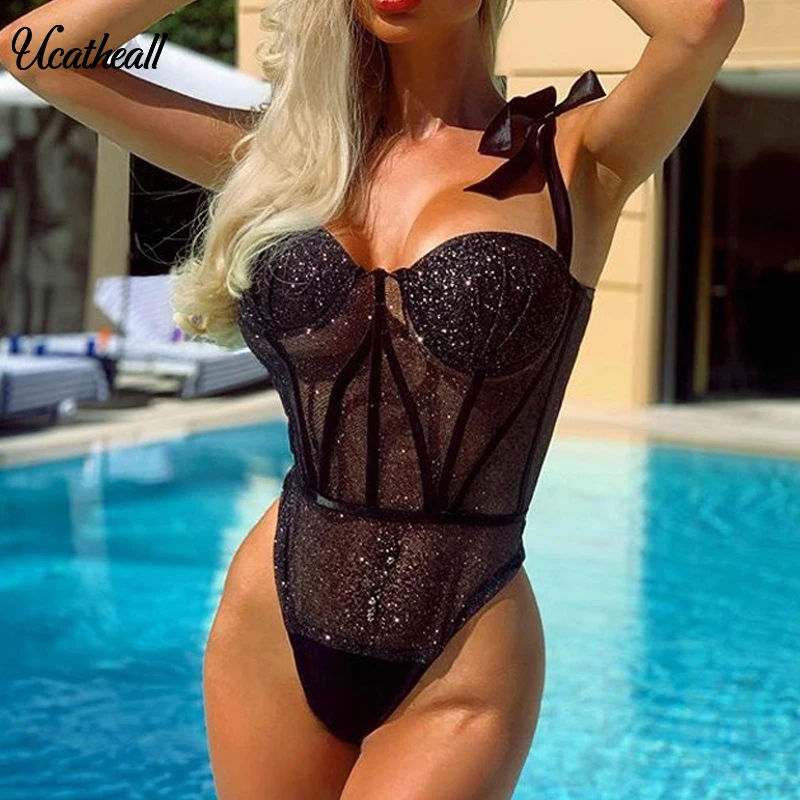 

High Waist Shiny Lace Bodysuit Women Fashion Shoulder Bow Tie Sexy Bodysuit Ladies Body Female Mesh Bodysuit Overalls