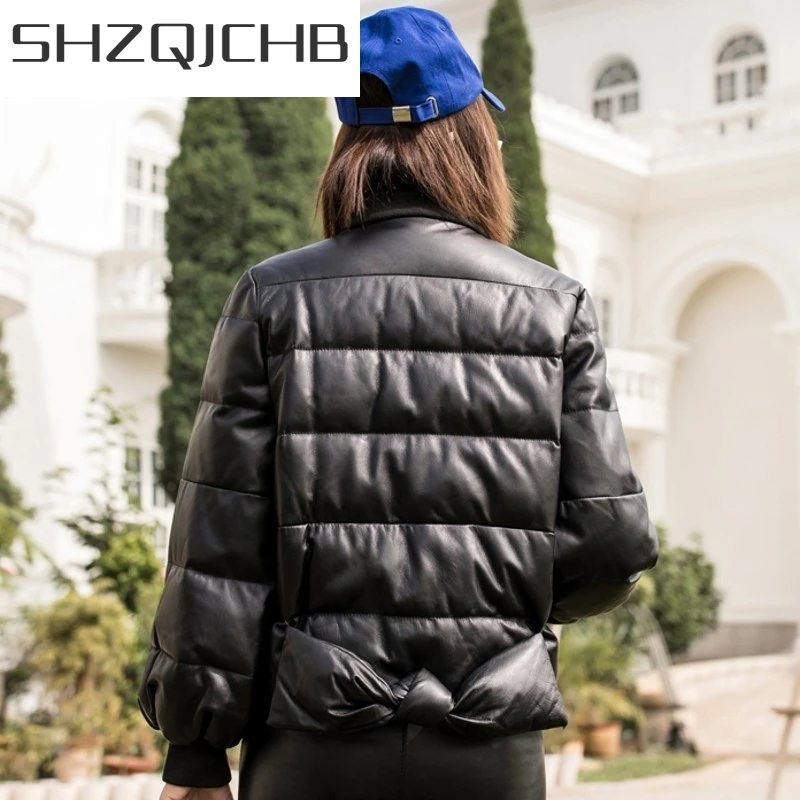 

JCHB 2021 Genuine Leather Womens Short Down Coats Winter Baseball Uniform Fashion Warm Stand Collar Slim Fit Sheepskin Coats Str