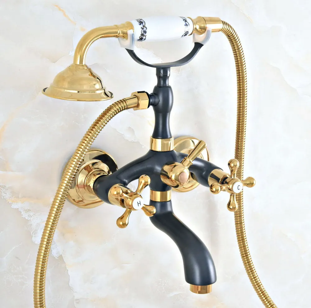 Латунный настенный смеситель для ванны черного и золотого цвета с двумя