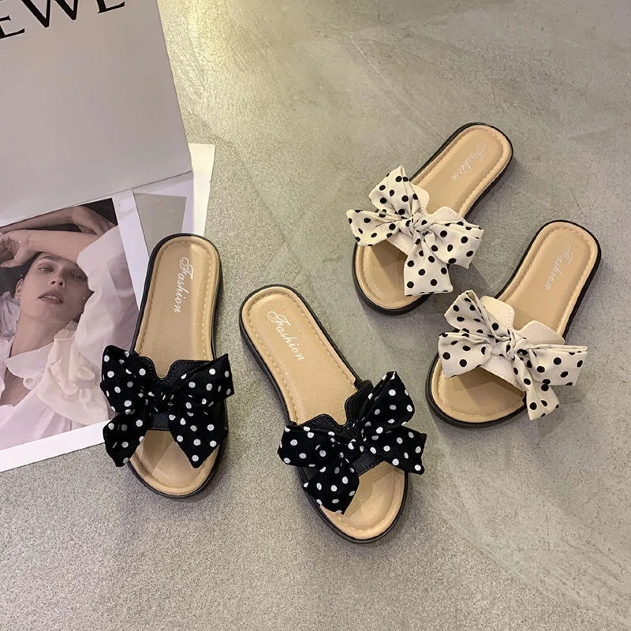 

New Bowknot Slippers Women's Outer Wear Women's Shoes Flower Beach Shoes Sandals Women's Net Red Ins Flat Shoes