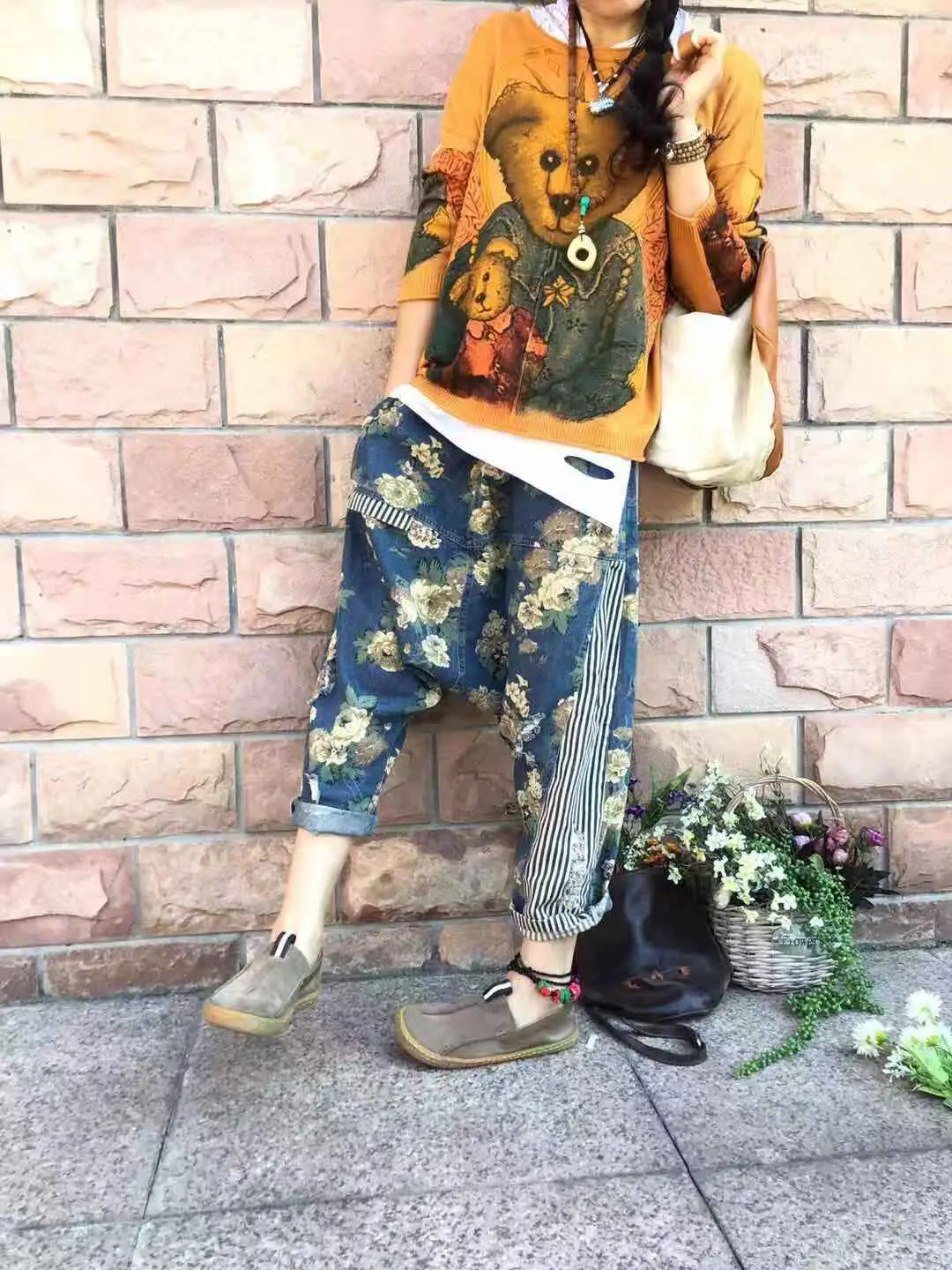 Women Baggy Low Crotch Denim Pants Patchwork Harem jeans Printed hip hop street dance cowboy Trousers Boyfriend Bloomers Joggers