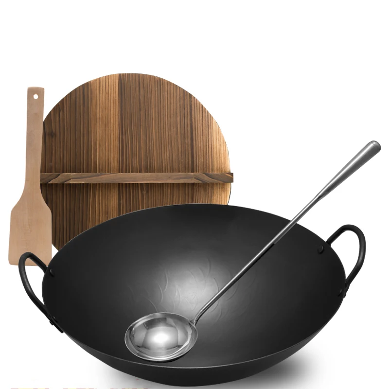 

Large Fire Wok Chinois 36cm Traditionnel Cast Iron Non Stick Cooking Pot Handmade Kitchen Wooden Cover Travaux Cookware ZZ50CG
